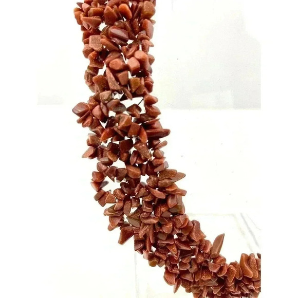 VTG Set Brown Goldstone Speckle Chips Cluster Necklace with Bracelet 925 WJ 18" - Picture 3 of 12